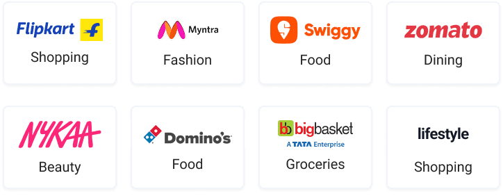 Popular brands: Flipkart, Myntra, Swiggy, Zomato, Nykaa, Domino's, bigbasket and lifestyle